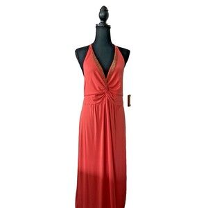 New York & Company Women’s Orange Sequin Wave Pattern Beaded Stretch Maxi‎ Dress